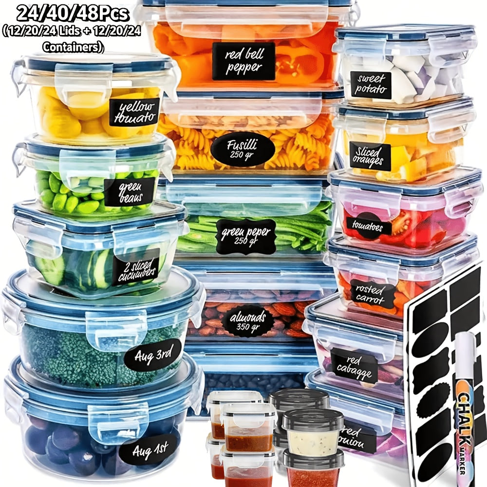 Food Storage Container Set with 12, 20 or 24 Clear Boxes, Locking Lids and Microwave, Dishwasher and Freezer Use
