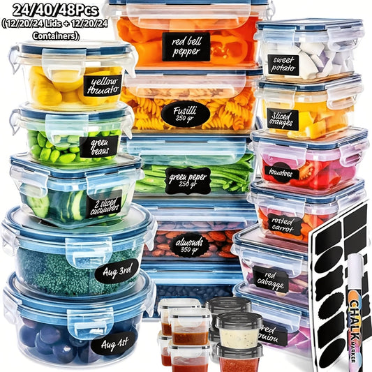 Food Storage Container Set with 12, 20 or 24 Clear Boxes, Locking Lids and Microwave, Dishwasher and Freezer Use