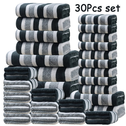 Thirty-Piece Striped Bath Towel Set with Bath, Hand and Washcloth Sizes in Ten Color Checkouts
