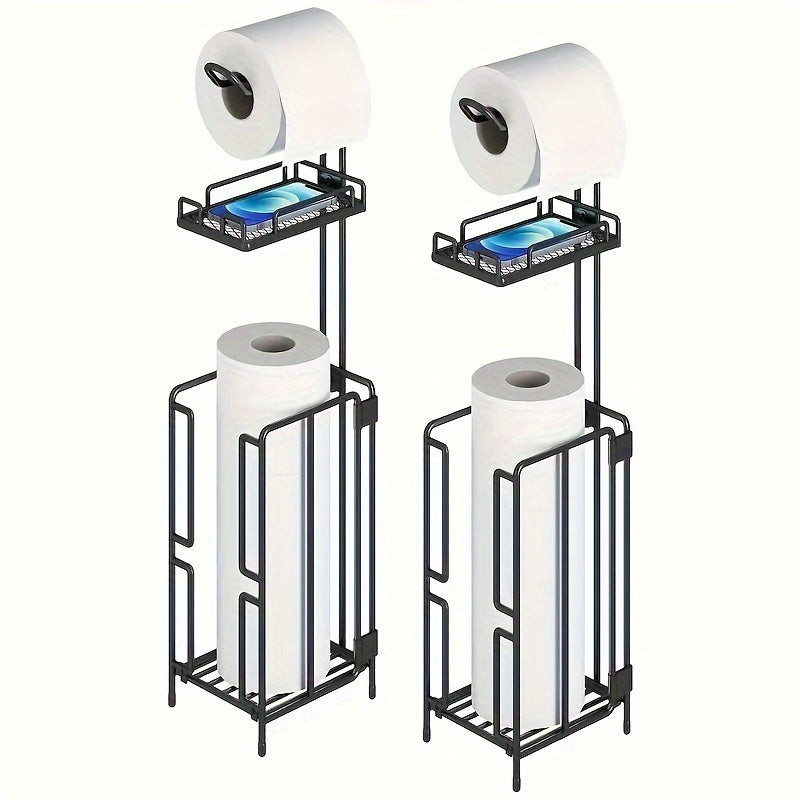 Freestanding Toilet Paper Holder with Square Reserve-Roll Cage, Upper Shelf and Single or Two-Pack Options