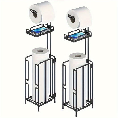 Freestanding Toilet Paper Holder with Square Reserve-Roll Cage, Upper Shelf and Single or Two-Pack Options