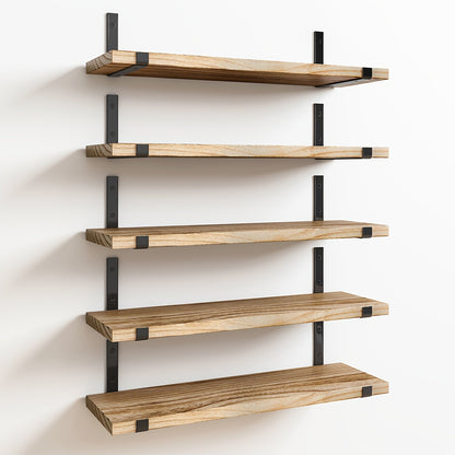 Five-Piece Rustic Floating Shelf Set with Black Metal Brackets in Light Brown, Dark Brown or Black-Gold Finishes