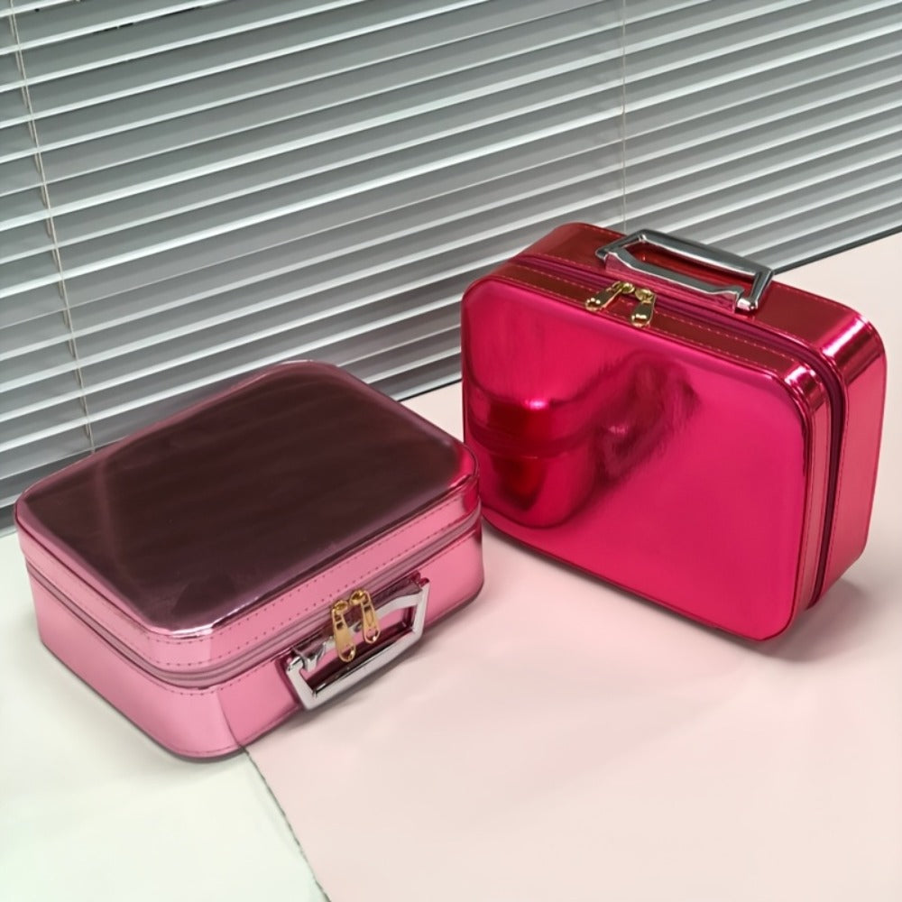 Glitter Makeup Travel Case Hard Shell Large Capacity Flat Lay Organizer Luxury Cosmetic Storage Box for Women Portable Fits in Suitcase Gold Rose Red Pink Size L Beauty Gift