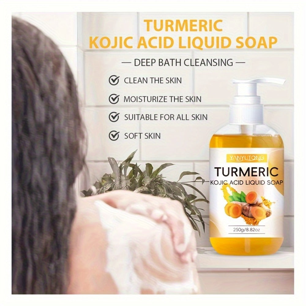 Turmeric and Kojic Acid Liquid Body Wash in a 250g Amber Pump Bottle with Single-Piece Option