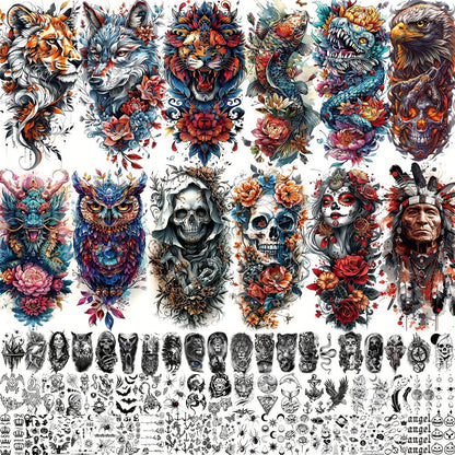 Temporary Tattoos, 71-Sheet Old School and Gothic Set with Tiger, Wolf, Lion, Dragon, Skull and Floral Motifs