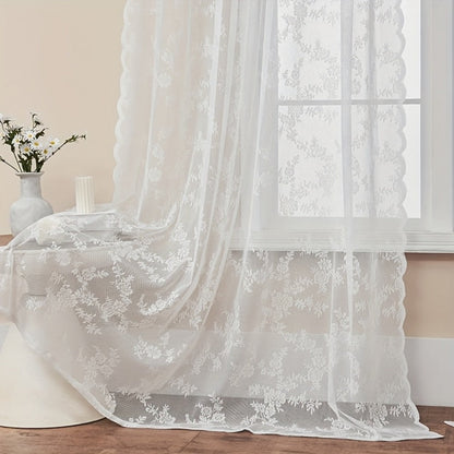 Two-Panel Floral Lace Window Curtain Set with Rod-Pocket Top, Three Colors and Six Metric Size Options