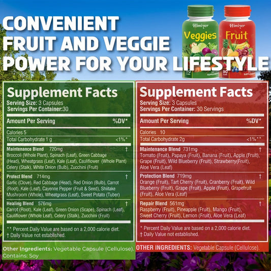 Superfood Capsules Fruits & Vegetables — 90 Fruit + 90 Veggie Capsules per Set | Whole-Food Daily Nutrition with Phytonutrients & Antioxidants for Women, Men & Teens | Natural Flavor