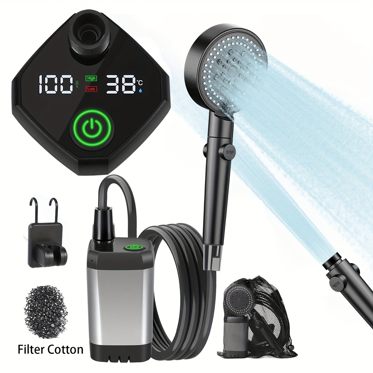 Portable Camping Shower - 6000mAh Battery, 120-Min Runtime, 6 Spray Modes, Smart Display, for Camping, Car Washing, Pet Cleaning, Hiking & Beach