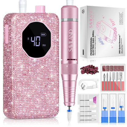 40,000 RPM Rechargeable Nail Drill in Bright Pink with 4000 mAh Battery, LCD Display and Tool Set