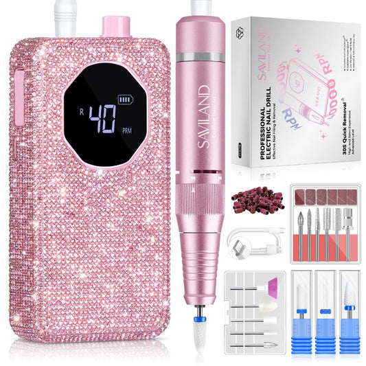 Electric Nail Drill 40000 RPM Rechargeable Professional Nail Drill Machine 4000mAh Battery LCD Display Ceramic Bits Sanding Bands for Acrylic Gel Nails Salon Home Use