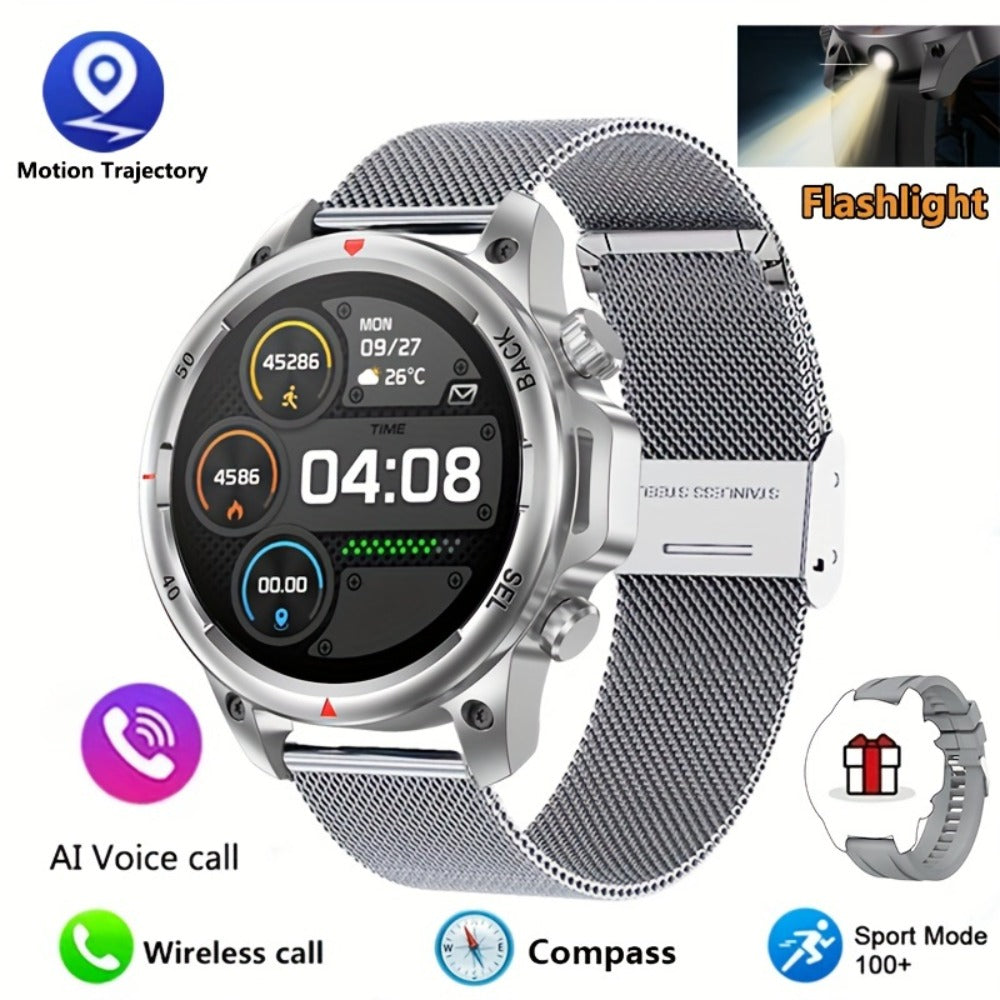 GPS NFC Smartwatch for Men – AI Voice Calling, 360×360 HD Screen, Built-in Compass, Motion Trajectory, Heart Rate Sleep Fitness Tracker – Outdoor Sports Watch Black Silver Steel