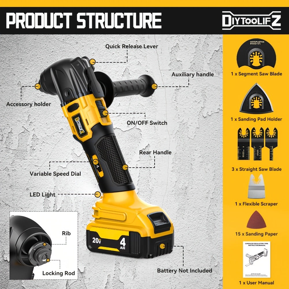 Oscillating Multi Tool Brushless Cordless Compatible with DeWalt 20V / 18V Battery – 21000 OPM Variable Speed, 4.5° Oscillating Angle, Anti-Vibration, Wood Cutting Blades & Sanding Pads (Battery Not Included)