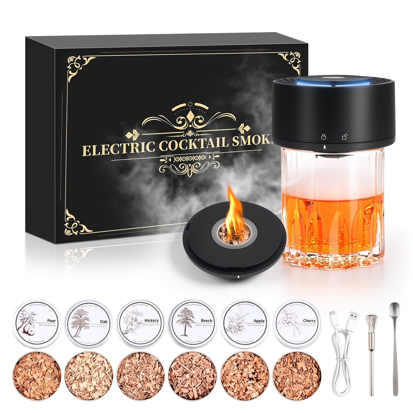 Rechargeable Electric Cocktail Smoker Kit with Six Wood-Chip Tins, Glass-Top Smoker Cap and Accessories