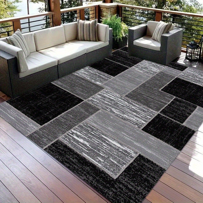 Outdoor Rug Geometric Washable | Black Gray Patio Balcony Pool Yard