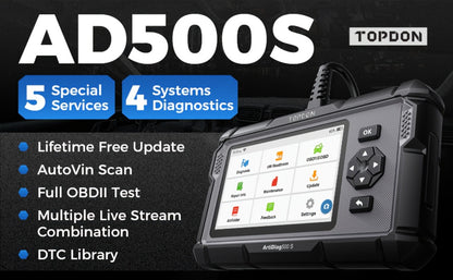 OBD2 Scanner with ABS SRS Engine Transmission Diagnostics 5 Reset Services Oil BMS DPF Throttle - TOPDON AD500S WiFi 5-Inch Touchscreen 90+ Car Brands