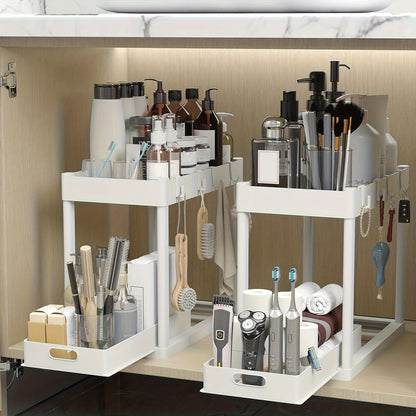 Under Sink Organizer 2pcs Double Tier Sliding Storage Basket with 8 Hooks – Kitchen Bathroom Cabinet Rack Shelf