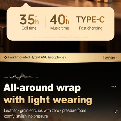 Acer OHR560 ANC Over-Ear Wireless Headphones, Full-Coverage Foldable Design HiFi Stereo HD ENC Call Noise Reduction Built-in Mic, 3.5mm Audio Cable Compatible for Work Travel Gaming Study