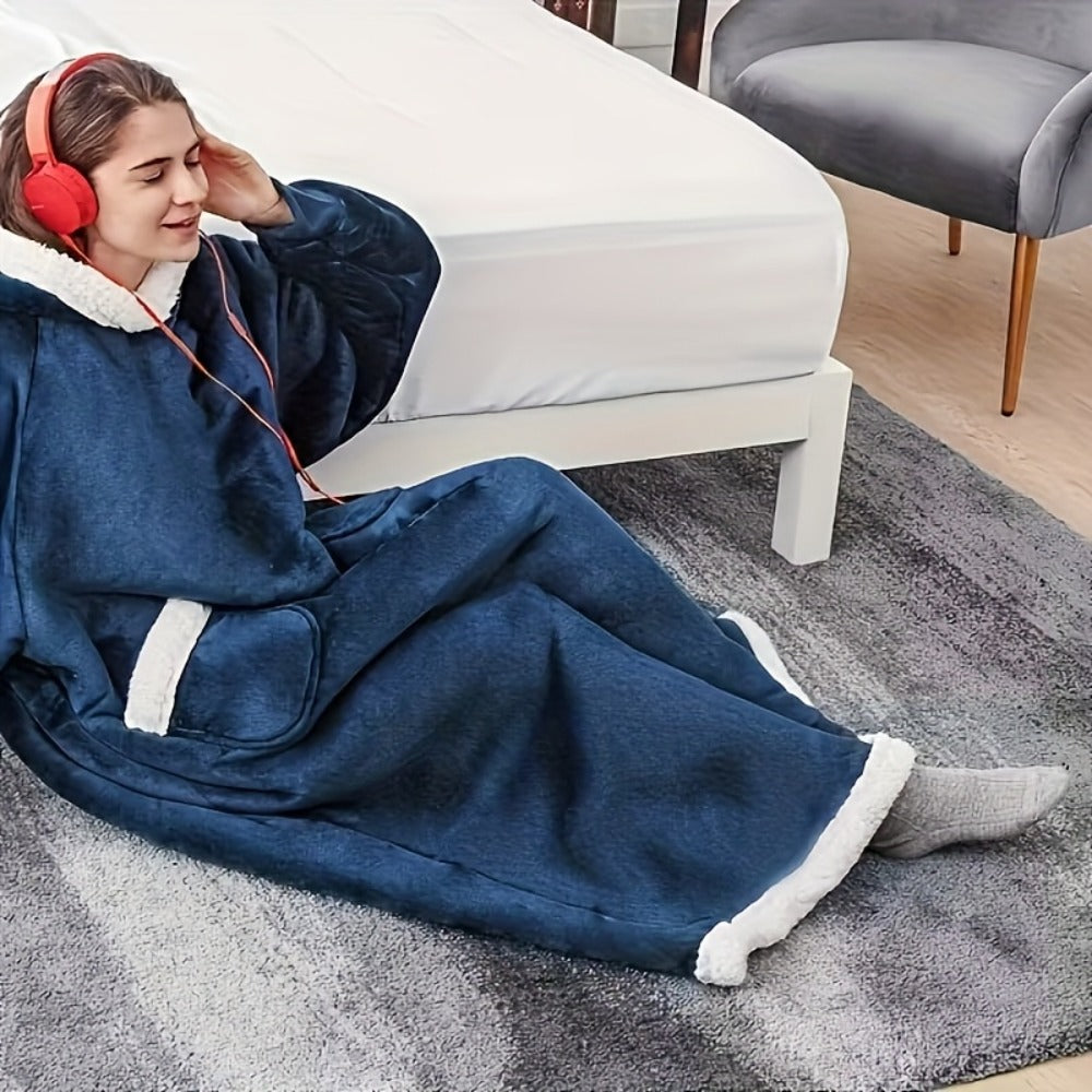 Plaid Fleece Wearable Hooded Blanket – 400gsm Warm Cozy Oversized Hoodie Bedspread, Machine Washable, 4 Colors, 70" Length