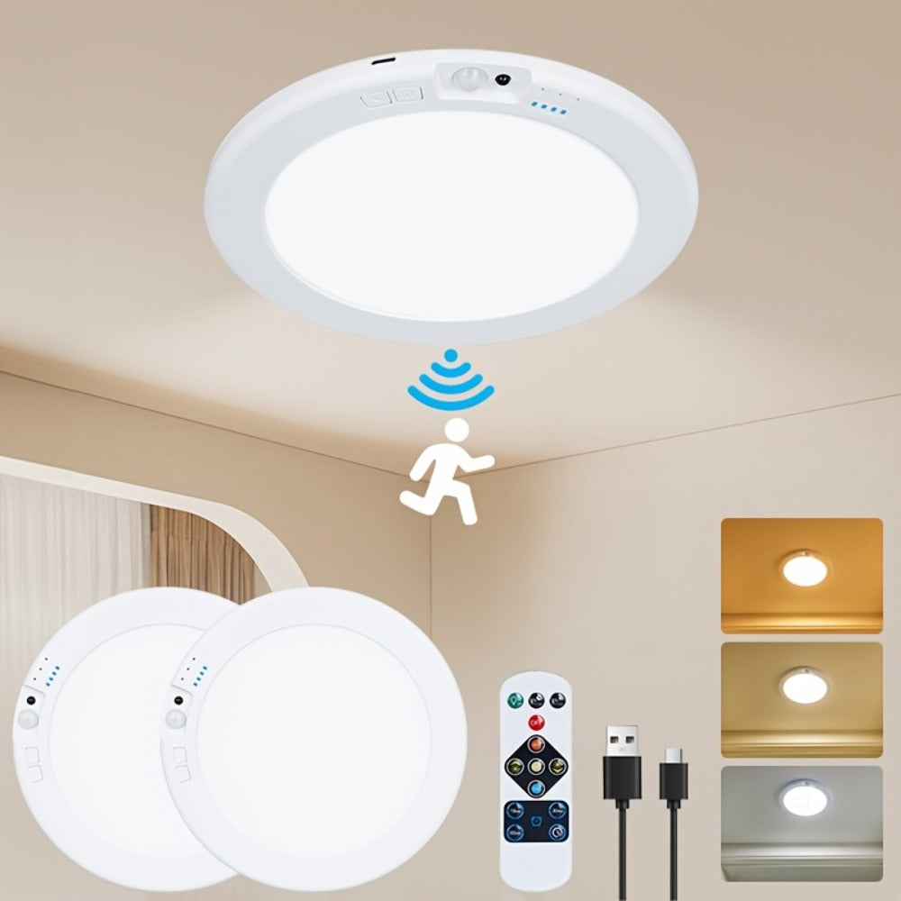 Wireless LED Ceiling Light with Motion Sensor 2 Pack - 5500mAh Rechargeable, Remote Control, 3 Brightness Modes, Magnetic Mount, No Wiring for Living Room, Kitchen, Bathroom, Hallway & Corridor