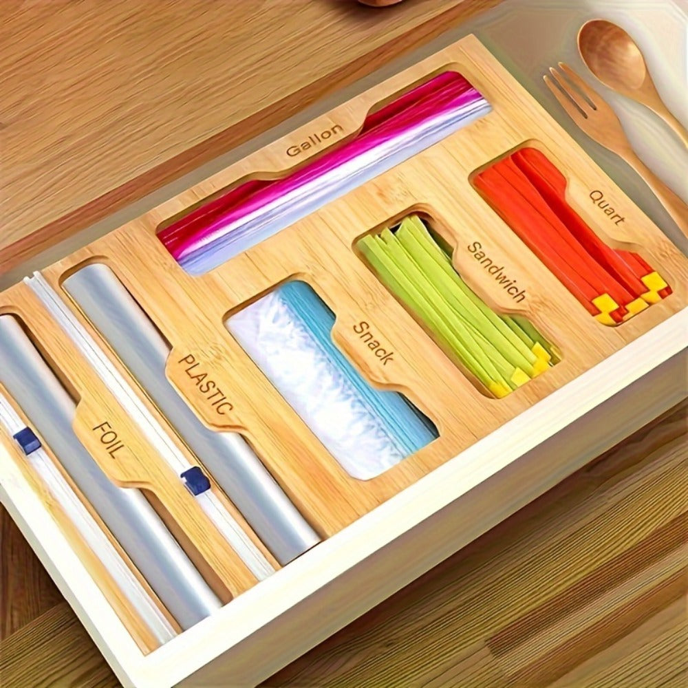 Bamboo Ziplock Bag Organizer Box for Kitchen Drawer - Adjustable Dividers, Compatible with Gallon Quart Sandwich Snack Bags