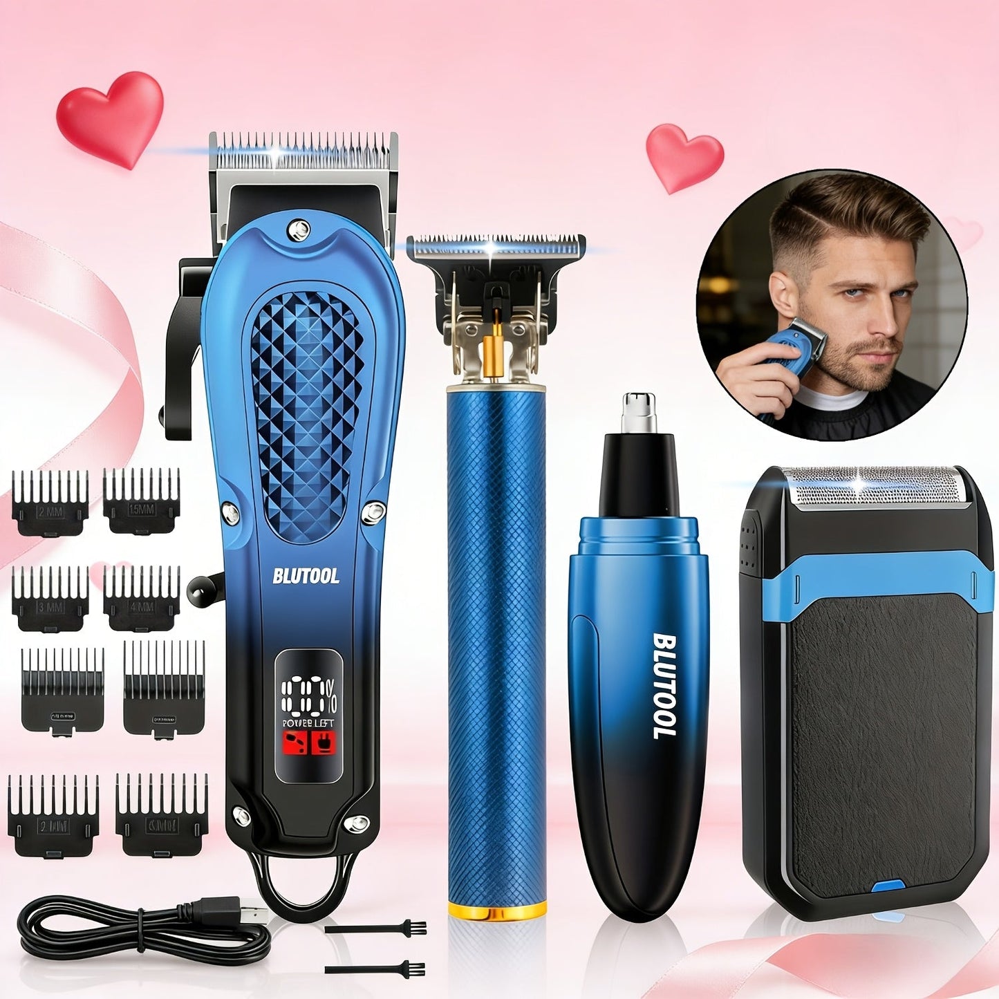 Men's Grooming Set USB Rechargeable Hair Clipper Electric Shaver Nose Ear Hair Trimmer with LCD Battery Display 2-Piece and 4-Piece Options Gift for Husband Boyfriend
