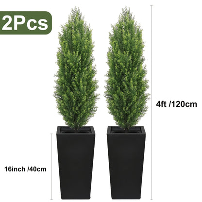 Two-Pack Artificial Cedar Topiary Trees with 4, 5 or 6 ft Height Options and Optional 16-Inch Black Planters