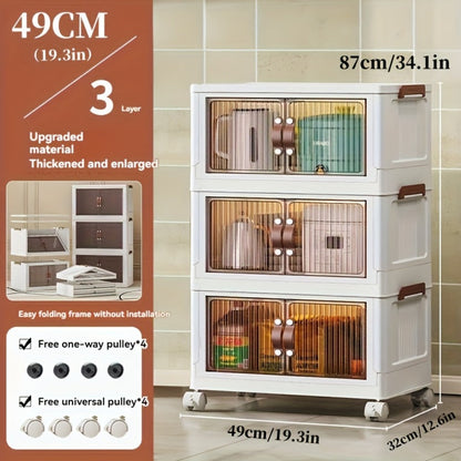 Storage Cabinet 49cm Foldable Rolling Organizer with Translucent Doors and Two to Five Layers