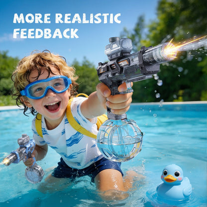 Two-Piece Electric Light-and-Sound Water Blaster Sets in 727 or 737 Models and Blue or Black Colors