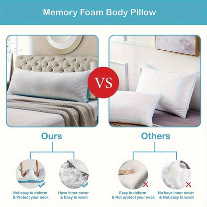 Memory Foam Body Pillow, 51.18 x 17.72 Inches with Quilted Polyester Cover in Grey, Cooling Blue or Light Pink