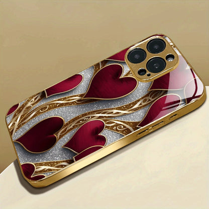 Phone Case Red and Gold Heart Pattern Slim Cover for Select iPhone and Samsung Galaxy Models