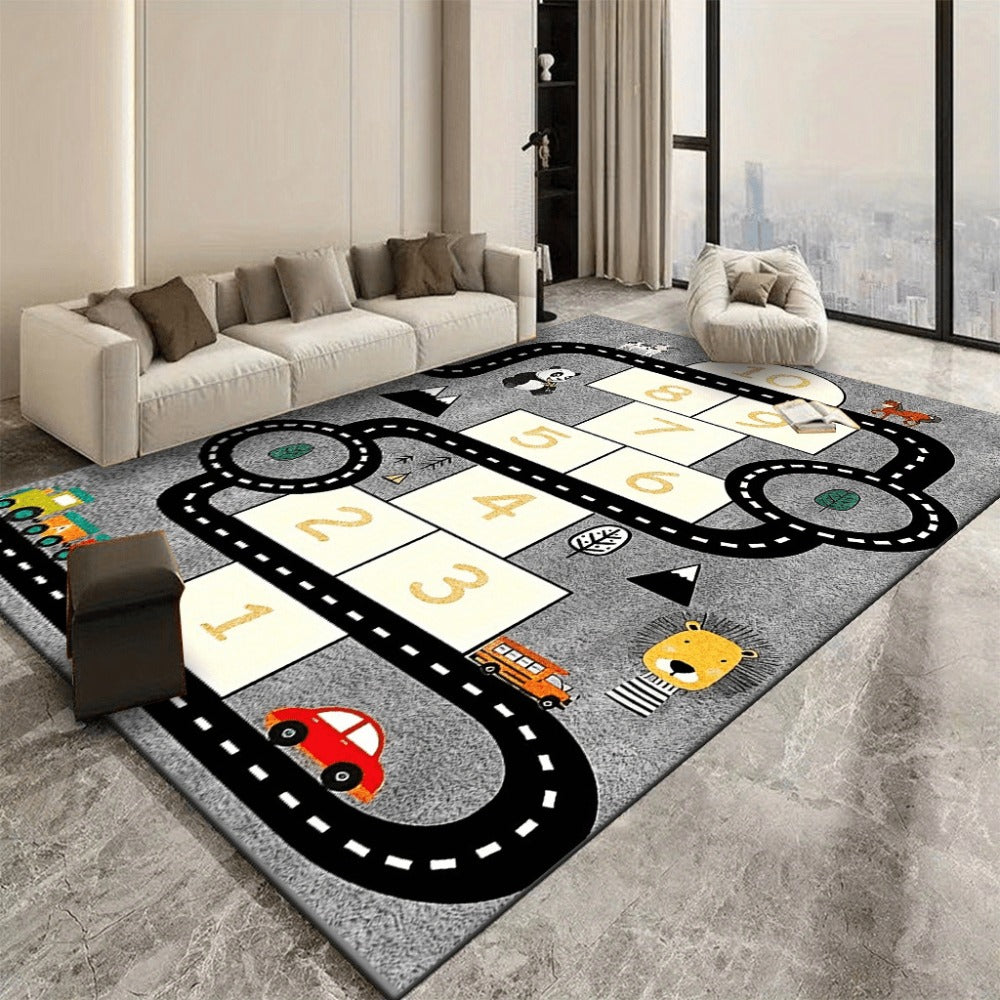 Area Rug 4x6 Kids Race Track, Hopscotch and Train Play Design with Washable Digital Print Surface