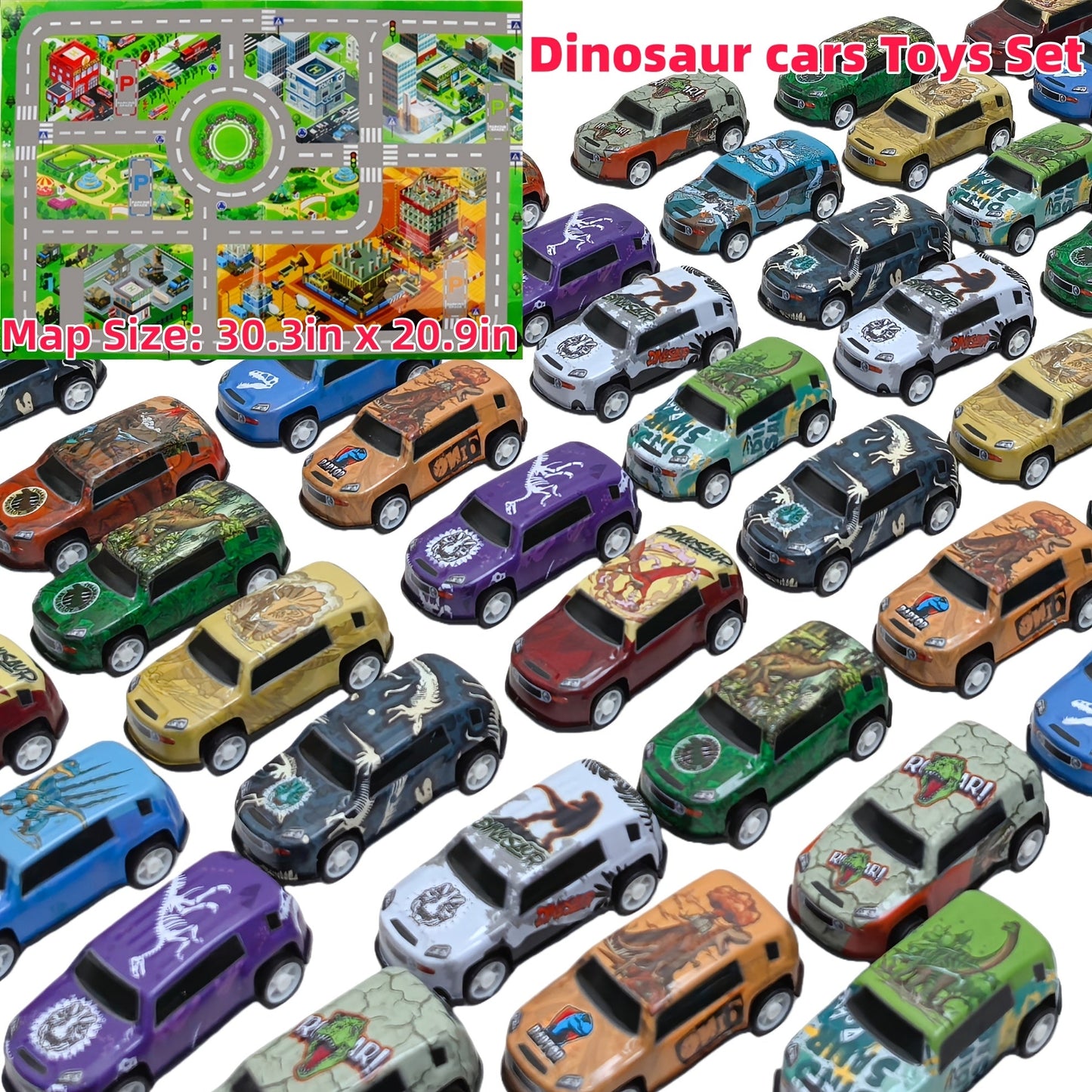 Dinosaur Toy Car Set 29-30pcs – Mini Pull Back Racing Cars with T-Rex Spinosaurus Pterodactyl Figures & City Traffic Map | Party Favors, Classroom Prizes, Birthday Gift for Boys & Girls Ages 3+