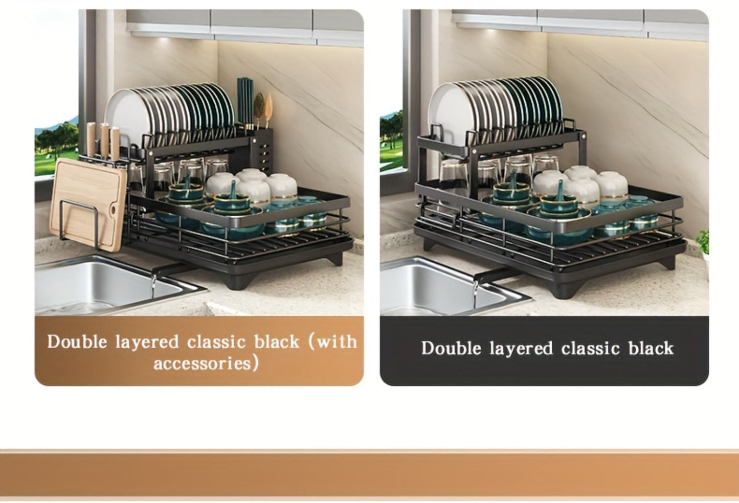 Two-Tier Dish Drying Rack, Metal Countertop Organizer with Cutlery Holder, Cup Holder and Drip Tray