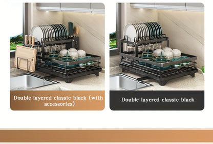 Two-Tier Dish Drying Rack, Metal Countertop Organizer with Cutlery Holder, Cup Holder and Drip Tray