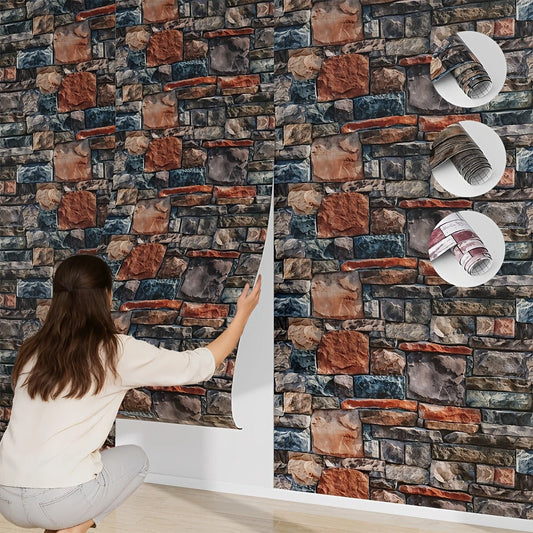 3D Brick Foam Wallpaper Self Adhesive Peel and Stick Wall Panels Waterproof PVC Rustic Brick Pattern Home Bathroom Kitchen Wall Decor Blue Brown Red 17.5in Wide