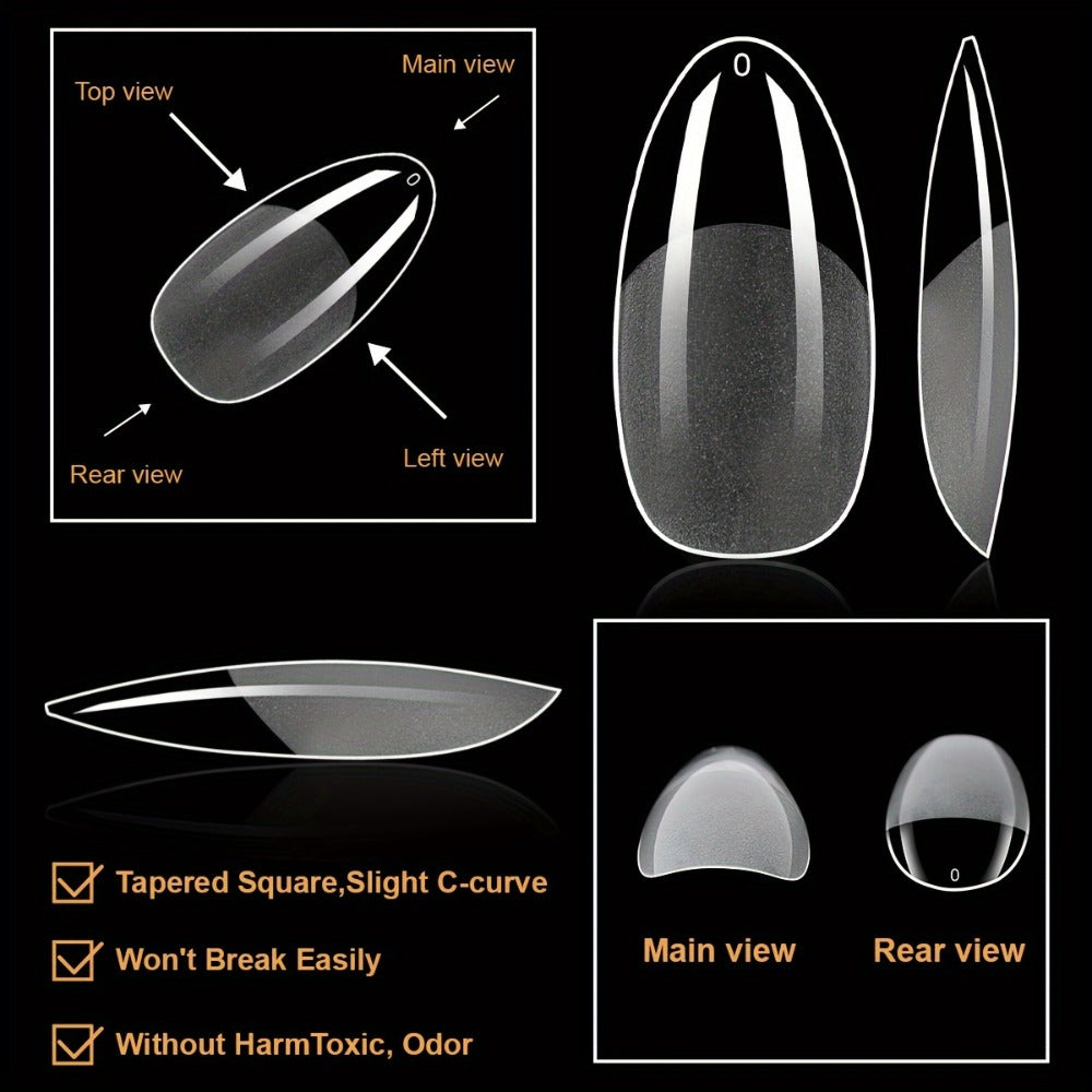 Clear Full-Cover Nail Tips, 600-Piece Set in Nine Almond, Oval, Stiletto, Coffin and Square Length Options