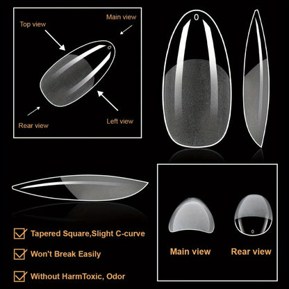 Clear Full-Cover Nail Tips, 600-Piece Set in Nine Almond, Oval, Stiletto, Coffin and Square Length Options