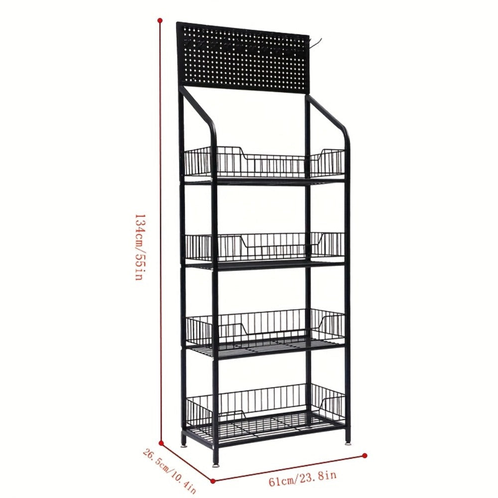 Four-Tier Rolling Display Rack with Wire Basket Shelves, Top Sign Panel and Exact 55 by 24 by 11 Option