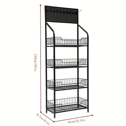 Four-Tier Rolling Display Rack with Wire Basket Shelves, Top Sign Panel and Exact 55 by 24 by 11 Option