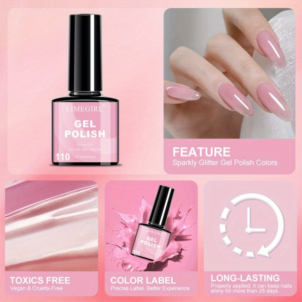 Gel Nail Polish Set with LIMEGIRL Label, 6 Fall Winter Glitter and Solid Colors, Two Palettes