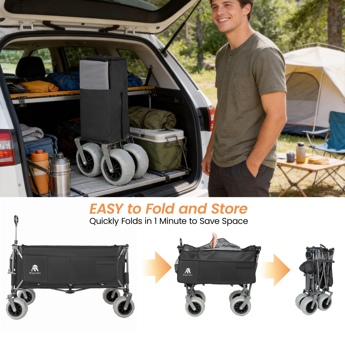 Heavy Duty Folding Wagon 52 Inch Utility Cart 560 lbs Capacity Collapsible Beach Wagon with Ultra-Stable Frame for Garden Sports Camping Outdoor
