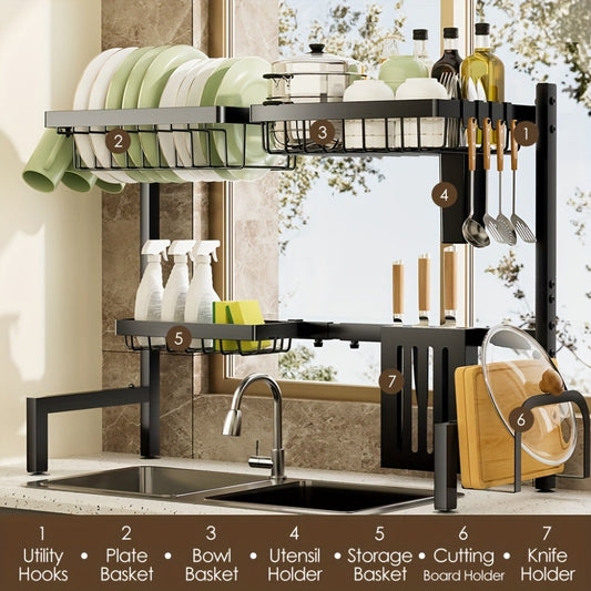 Over-Sink Dish Drying Rack Kitchen Organizer, 30-33.9-Inch Two-Tier Frame with Seven Removable Accessories