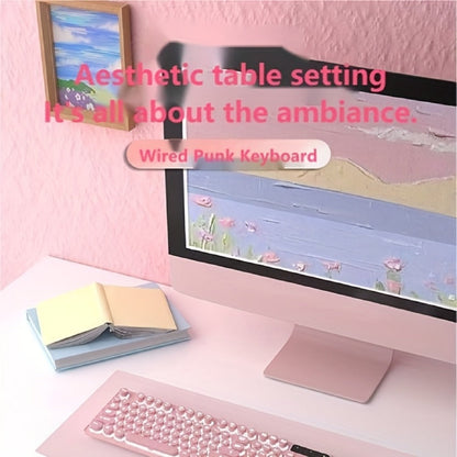 Retro Round-Key Wired Keyboard and 6D Mouse Set with Pink or Blue USB Color Options and One-Touch Lighting