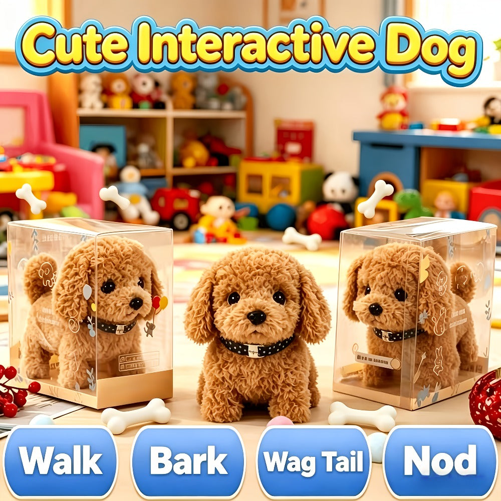 Walking Barking Robot Dog Toy for Adults Teens – Soft Plush Biomimetic Puppy with Expressive Eyes, One-Button Control, Gift Box Option | Desk & Home Companion | Brown White Red