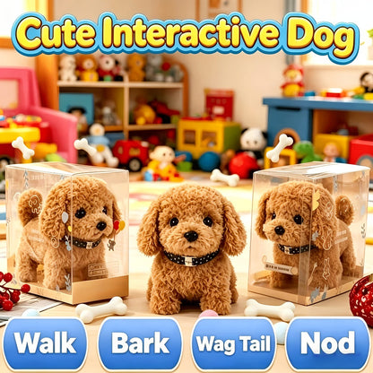 Walking Barking Robot Dog Toy for Adults Teens – Soft Plush Biomimetic Puppy with Expressive Eyes, One-Button Control, Gift Box Option | Desk & Home Companion | Brown White Red