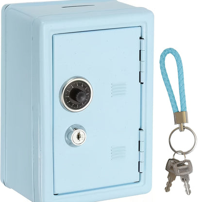 Mini Metal Coin Bank with Combination Dial, Key Lock, Removable Drawer and Three Color Options