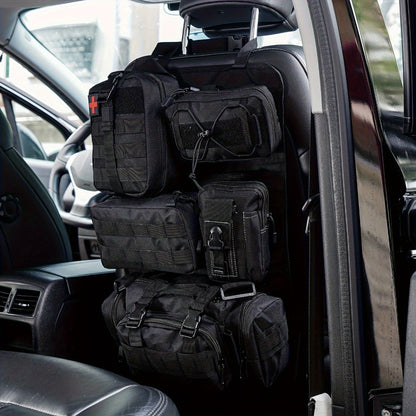 Tactical Car Seat Organizer – MOLLE Nylon Seat Back Storage Bag with 5 Pockets, Front & Rear Seat Protector for Jeep, Truck, SUV | Car Interior Accessories for Men & Women