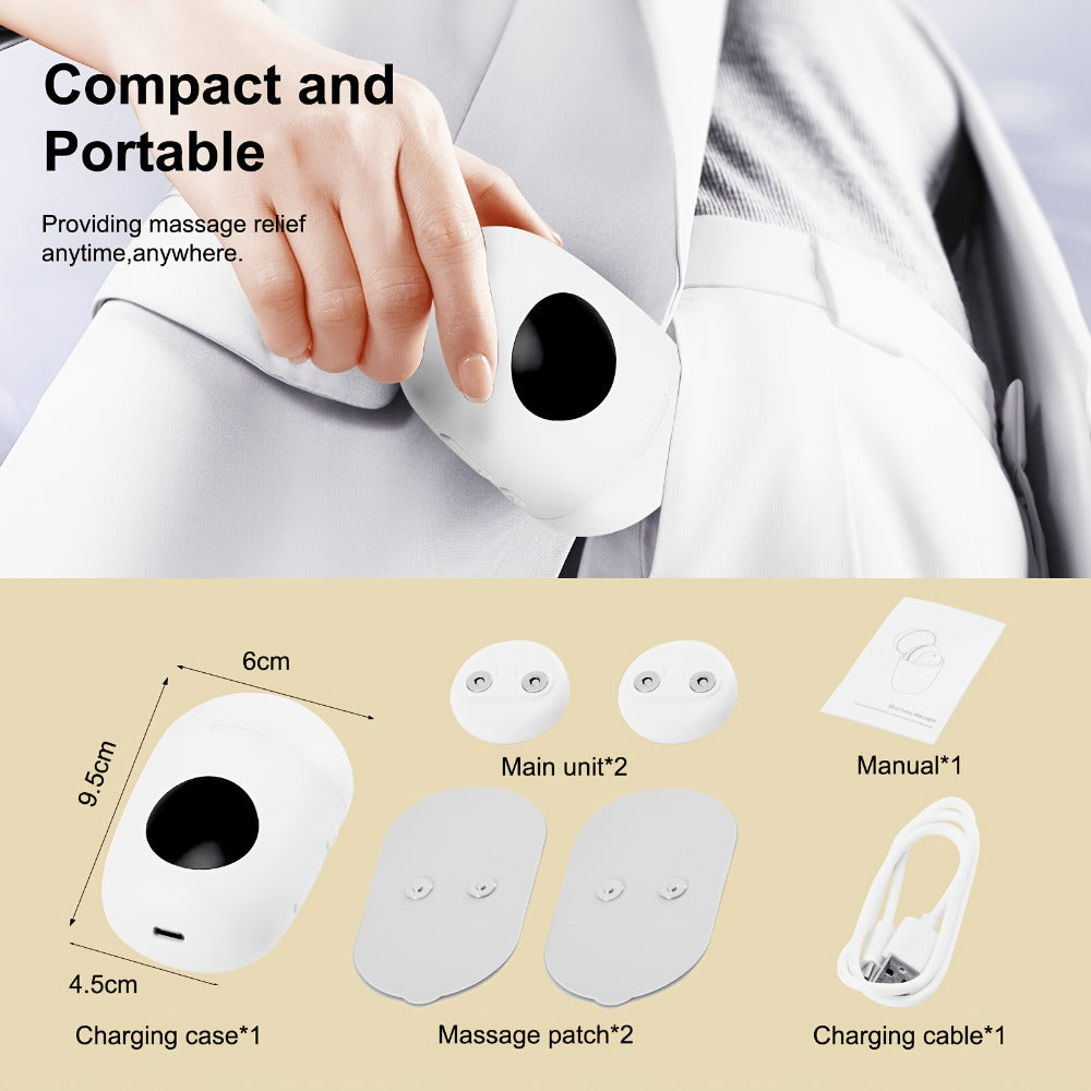 Cordless Rechargeable TENS and EMS Stimulator Set with Two Round Pads, Six Modes and Charging Case