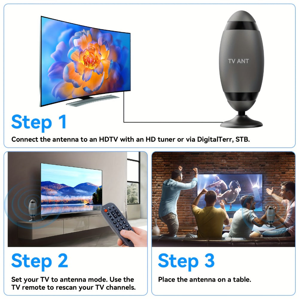TV Antenna with Metal Oval Receiver, USB-Powered Inline Module, Coaxial Cable and Wall-Mount Hardware