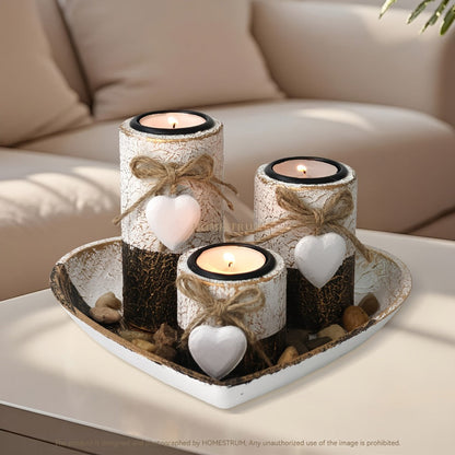 Wooden Candle Holder Set of 4 – Love Heart Tray, Tea Light Holder, Knot Bow Decoration & Decorative Stone Bowl for Home Decor, Valentine's Day, Christmas & Easter Gift